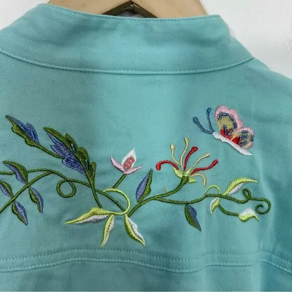 Quacker Factory Embroidered Mandarin Collar Stretch Jacket Turquoise Aqua Size M - Picture 10 of 14
